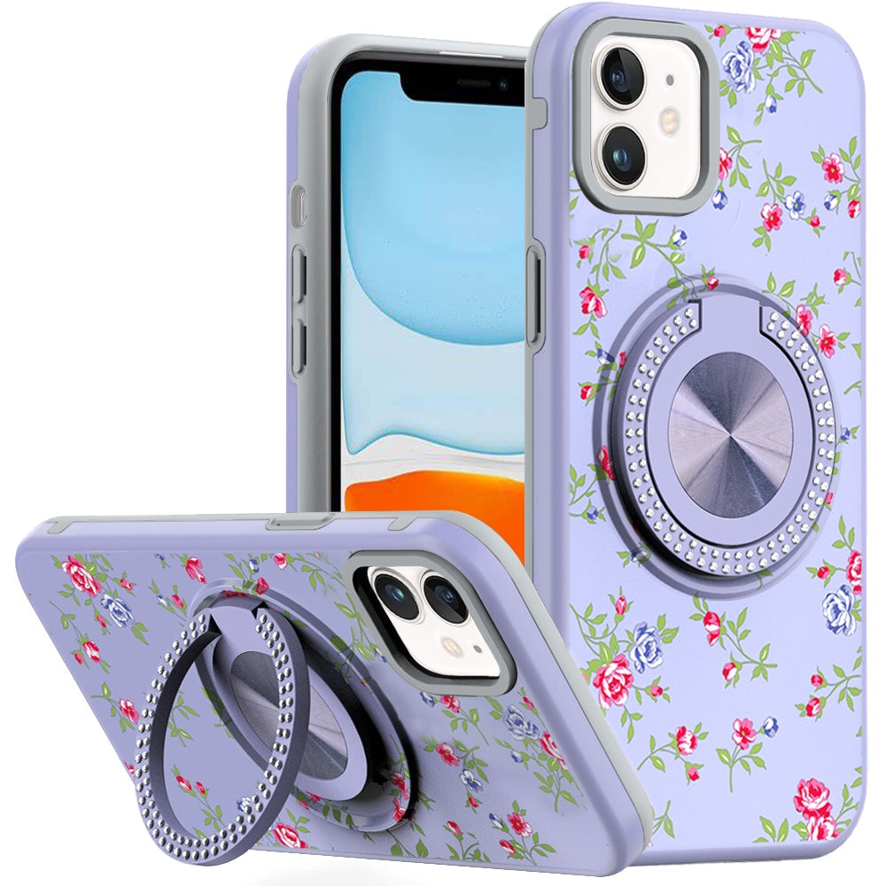 For iPhone 11 6.1 in. Case Printed Magnetic Bling Ring Stand + Tempered Glass