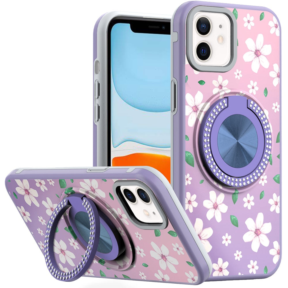 For iPhone 11 6.1 in. Case Printed Magnetic Bling Ring Stand + Tempered Glass