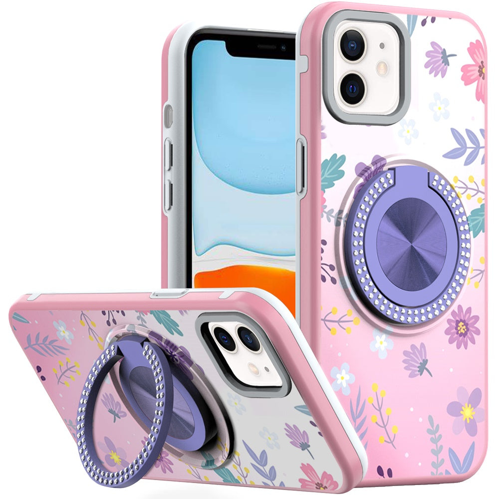 For iPhone 11 6.1 in. Case Printed Magnetic Bling Ring Stand + Tempered Glass
