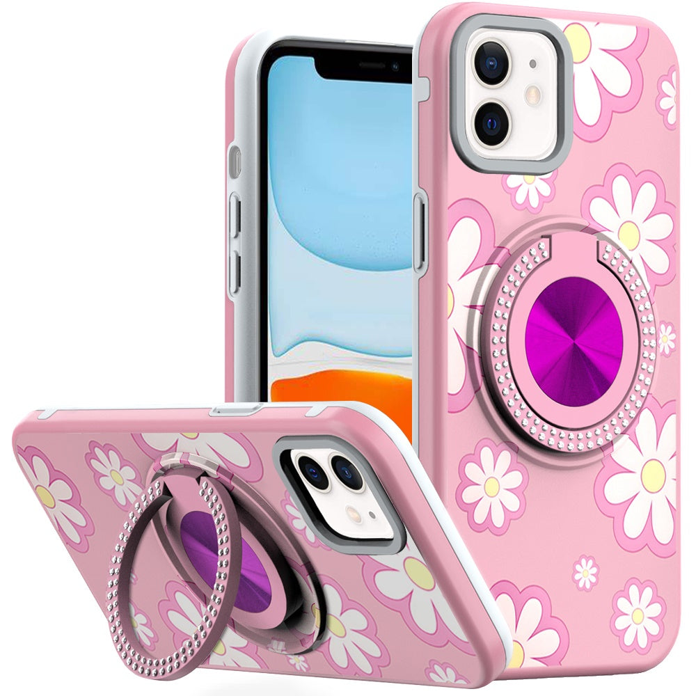 For iPhone 11 6.1 in. Case Printed Magnetic Bling Ring Stand + Tempered Glass