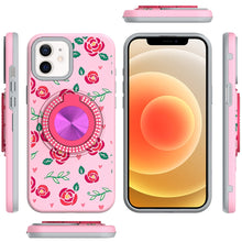 For iPhone 12/12 Pro Case Printed Magnetic Bling Ring Stand + Tempered Glass
