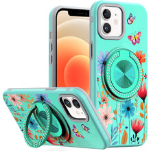 For iPhone 12/12 Pro Case Printed Magnetic Bling Ring Stand + Tempered Glass