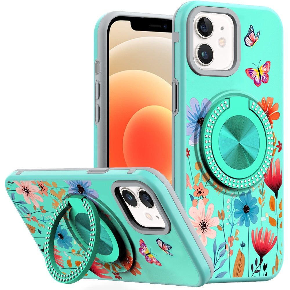 For iPhone 12/12 Pro Case Printed Magnetic Bling Ring Stand + Tempered Glass