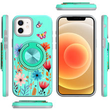 For iPhone 12/12 Pro Case Printed Magnetic Bling Ring Stand + Tempered Glass