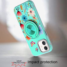 For iPhone 12/12 Pro Case Printed Magnetic Bling Ring Stand + Tempered Glass