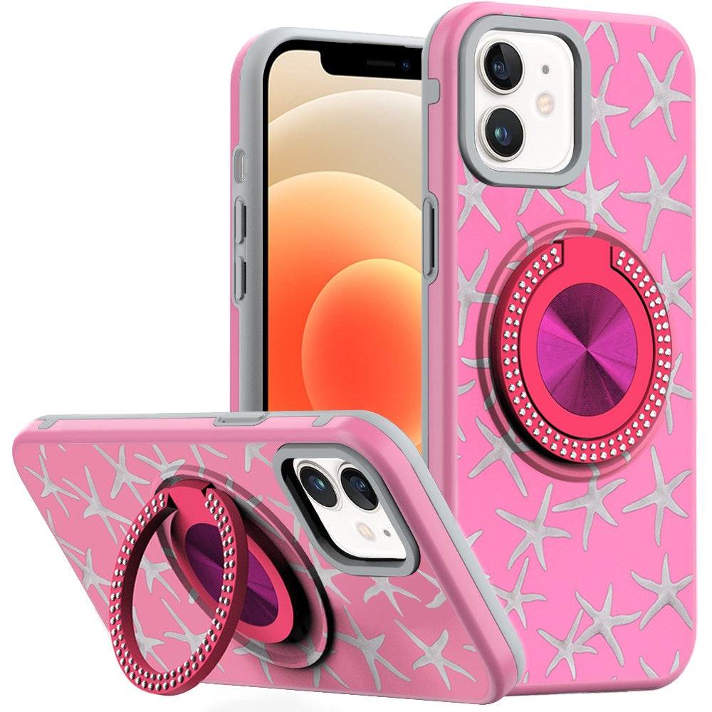 For iPhone 12/12 Pro Case Printed Magnetic Bling Ring Stand + Tempered Glass