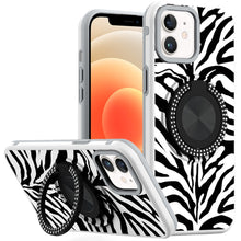 For iPhone 12/12 Pro Case Printed Magnetic Bling Ring Stand + Tempered Glass