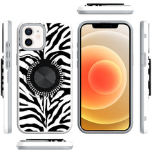For iPhone 12/12 Pro Case Printed Magnetic Bling Ring Stand + Tempered Glass