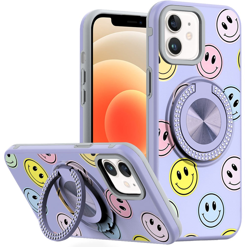 For iPhone 12/12 Pro Case Printed Magnetic Bling Ring Stand + Tempered Glass