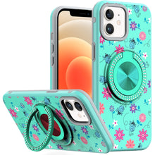 For iPhone 12/12 Pro Case Printed Magnetic Bling Ring Stand + Tempered Glass
