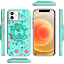 For iPhone 12/12 Pro Case Printed Magnetic Bling Ring Stand + Tempered Glass