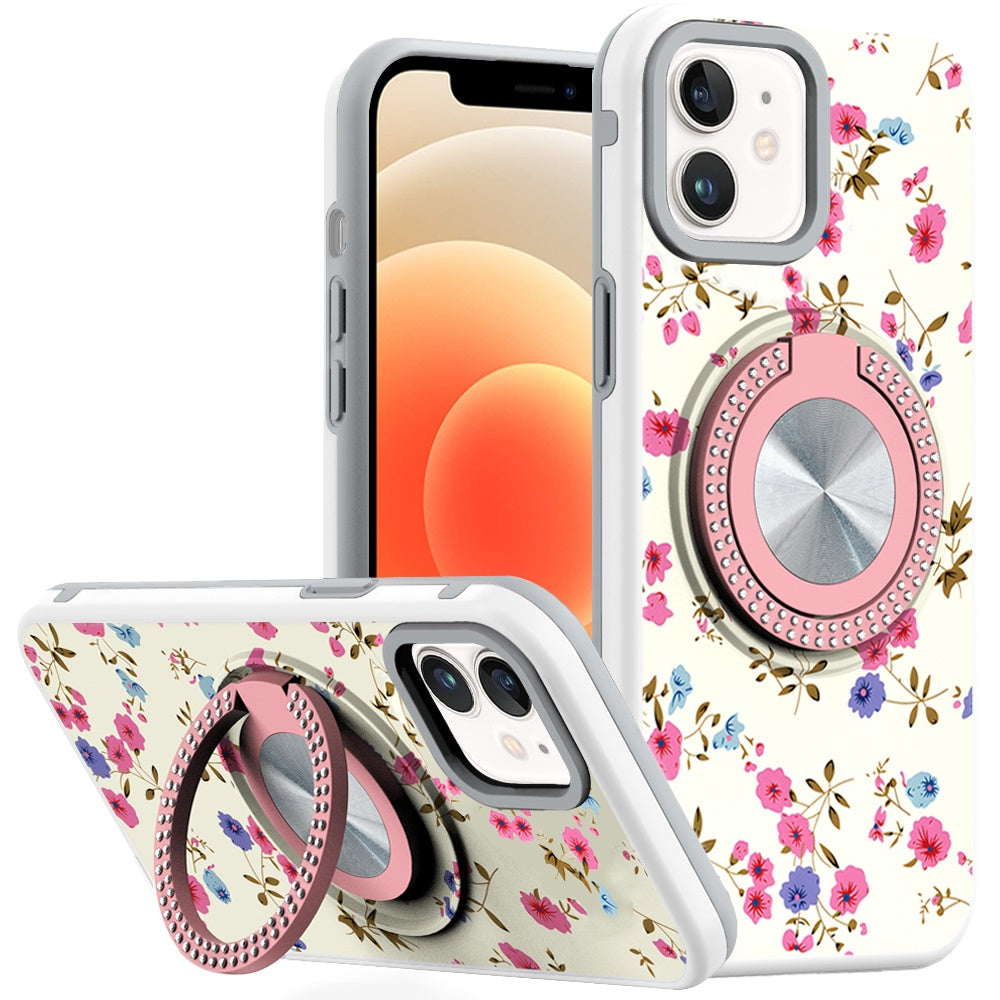 For iPhone 12/12 Pro Case Printed Magnetic Bling Ring Stand + Tempered Glass