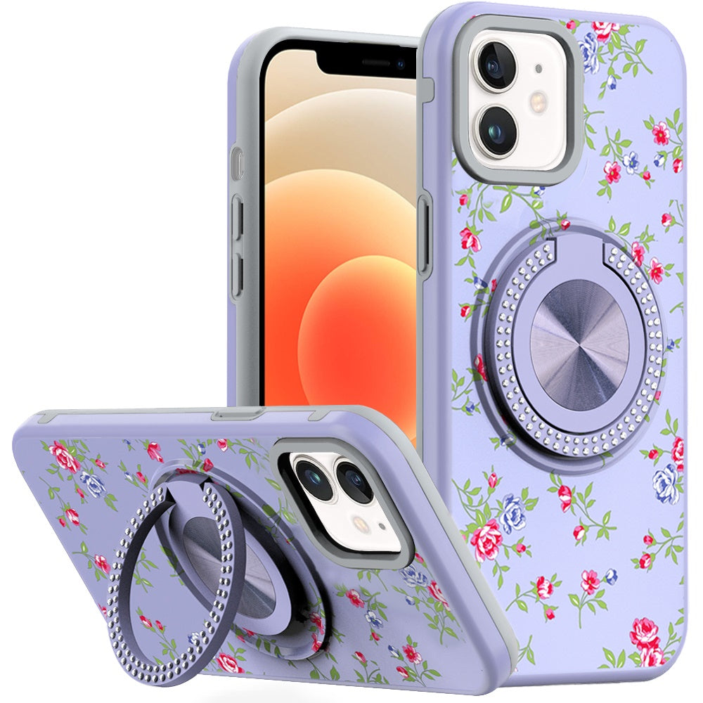 For iPhone 12/12 Pro Case Printed Magnetic Bling Ring Stand + Tempered Glass