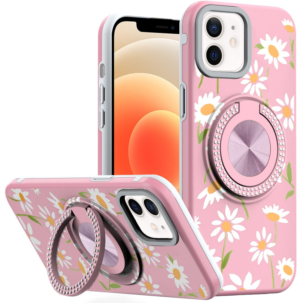 For iPhone 12 Pro Max Case Printed Magnetic Bling Ring Stand + Tempered Glass