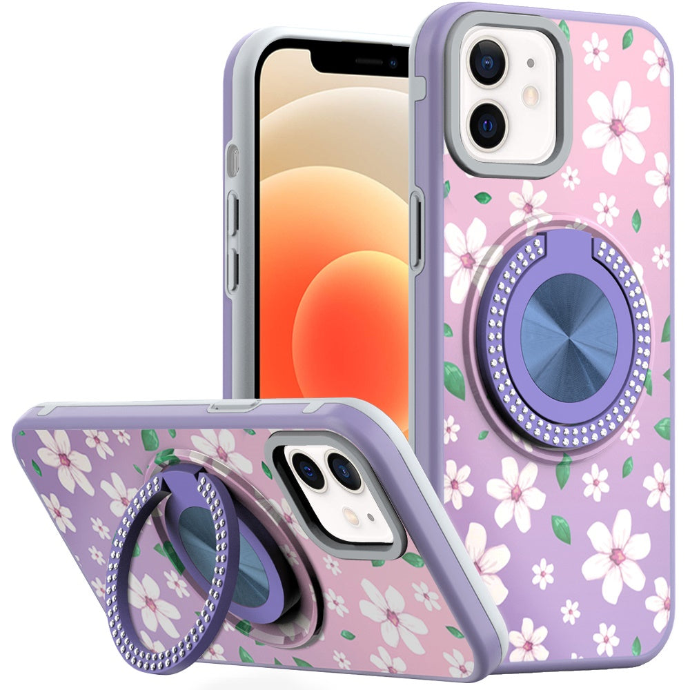 For iPhone 12 Pro Max Case Printed Magnetic Bling Ring Stand + Tempered Glass