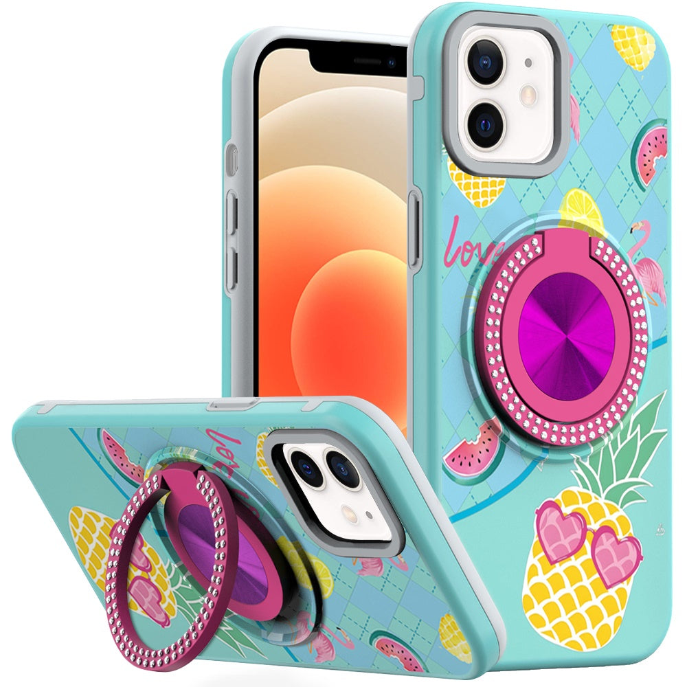 For iPhone 12 Pro Max Case Printed Magnetic Bling Ring Stand + Tempered Glass