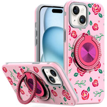 For iPhone 15 Case Printed Design Magnetic Bling Ring Stand + 2 Tempered Glass