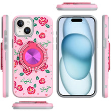 For iPhone 15 Case Printed Design Magnetic Bling Ring Stand + 2 Tempered Glass