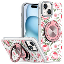 For iPhone 15 Case Printed Design Magnetic Bling Ring Stand + 2 Tempered Glass