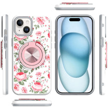 For iPhone 15 Case Printed Design Magnetic Bling Ring Stand + 2 Tempered Glass