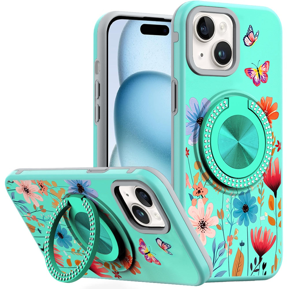 For iPhone 15 Case Printed Design Magnetic Bling Ring Stand + 2 Tempered Glass