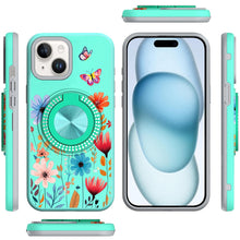 For iPhone 15 Case Printed Design Magnetic Bling Ring Stand + 2 Tempered Glass
