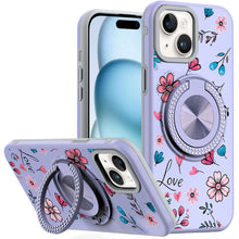 For iPhone 15 Case Printed Design Magnetic Bling Ring Stand + 2 Tempered Glass