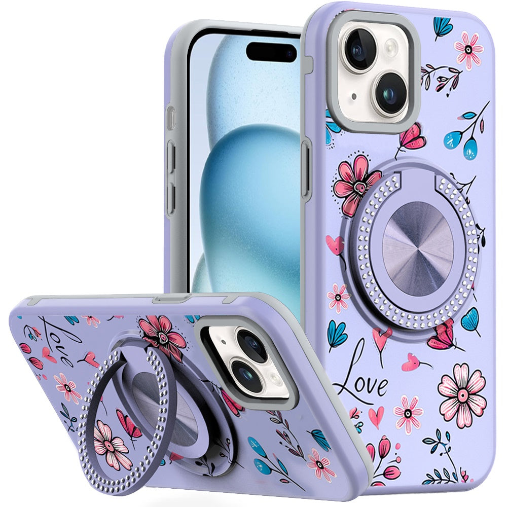 For iPhone 15 Case Printed Design Magnetic Bling Ring Stand + 2 Tempered Glass