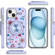 For iPhone 15 Case Printed Design Magnetic Bling Ring Stand + 2 Tempered Glass