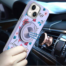 For iPhone 15 Case Printed Design Magnetic Bling Ring Stand + 2 Tempered Glass