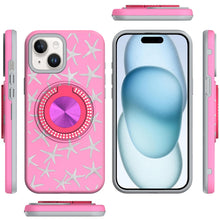 For iPhone 15 Case Printed Design Magnetic Bling Ring Stand + 2 Tempered Glass