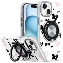 For iPhone 15 Case Printed Design Magnetic Bling Ring Stand + 2 Tempered Glass