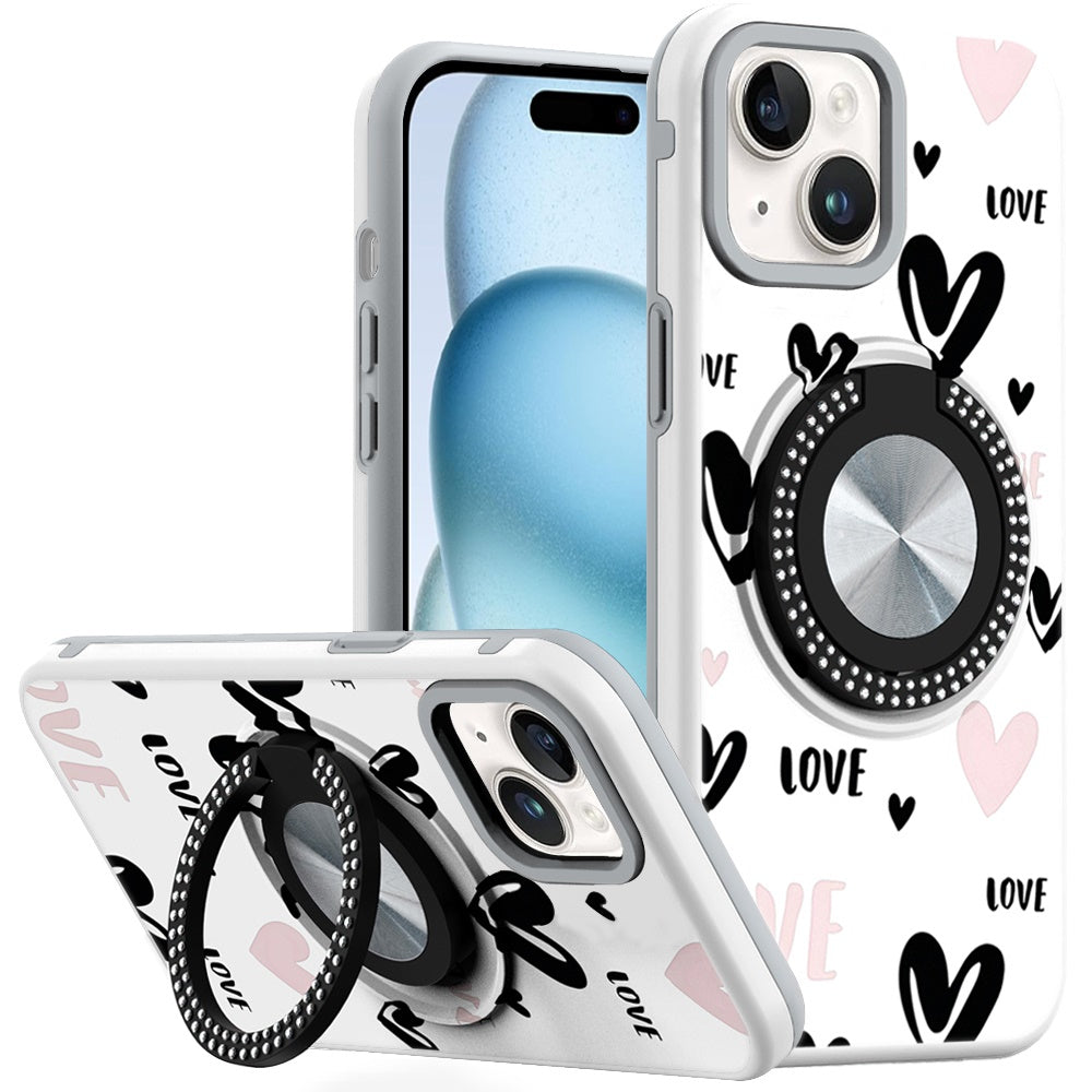 For iPhone 15 Case Printed Design Magnetic Bling Ring Stand + 2 Tempered Glass