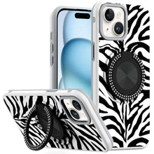 For iPhone 15 Case Printed Design Magnetic Bling Ring Stand + 2 Tempered Glass