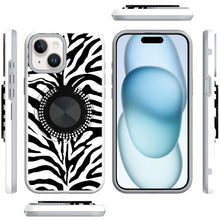For iPhone 15 Case Printed Design Magnetic Bling Ring Stand + 2 Tempered Glass
