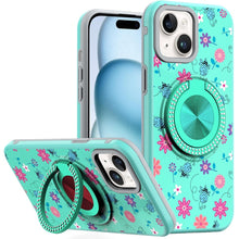For iPhone 15 Case Printed Design Magnetic Bling Ring Stand + 2 Tempered Glass