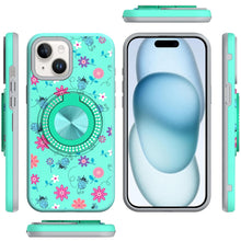 For iPhone 15 Case Printed Design Magnetic Bling Ring Stand + 2 Tempered Glass