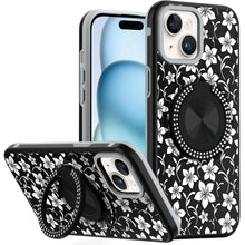 For iPhone 15 Case Printed Design Magnetic Bling Ring Stand + 2 Tempered Glass