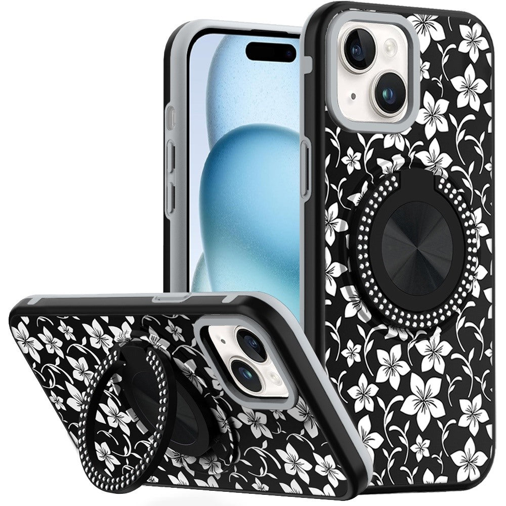 For iPhone 15 Case Printed Design Magnetic Bling Ring Stand + 2 Tempered Glass