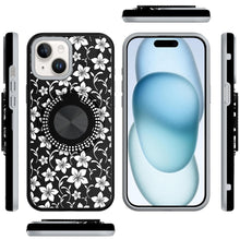 For iPhone 15 Case Printed Design Magnetic Bling Ring Stand + 2 Tempered Glass