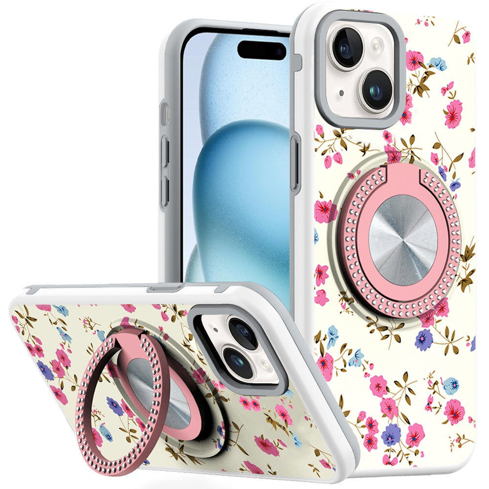 For iPhone 15 Case Printed Design Magnetic Bling Ring Stand + 2 Tempered Glass