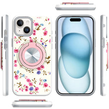 For iPhone 15 Case Printed Design Magnetic Bling Ring Stand + 2 Tempered Glass