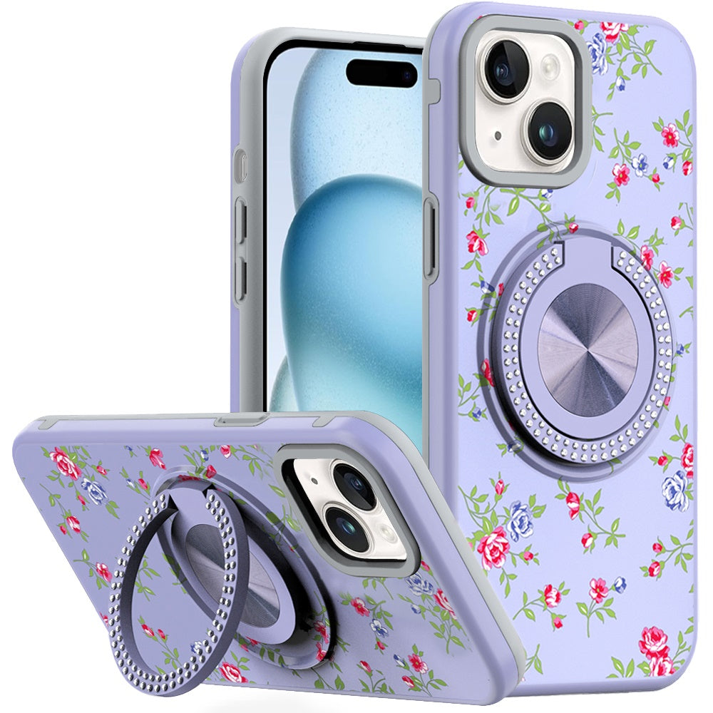 For iPhone 15 Case Printed Design Magnetic Bling Ring Stand + 2 Tempered Glass