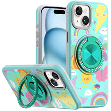For iPhone 15 Case Printed Design with Bling 360 Stand Cover + 2 Tempered Glass