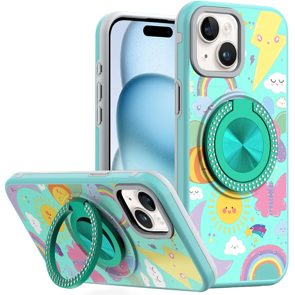 For iPhone 15 Case Printed Design with Bling 360 Stand Cover + 2 Tempered Glass