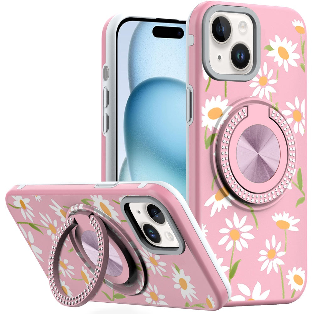 For iPhone 15 Case Printed Design Magnetic Bling Ring Stand + 2 Tempered Glass