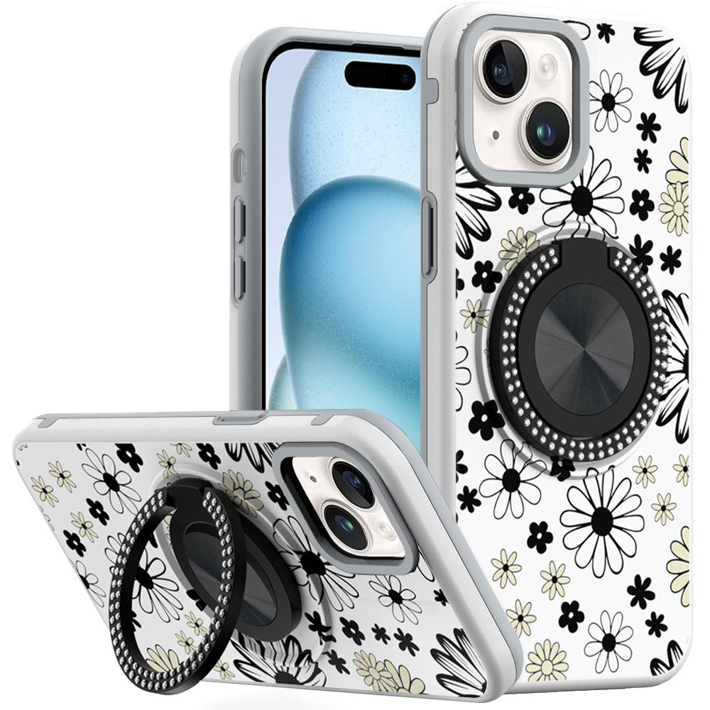 For iPhone 15 Case Printed Design with Bling 360 Stand Cover + 2 Tempered Glass