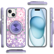 For iPhone 15 Case Printed Design Magnetic Bling Ring Stand + 2 Tempered Glass