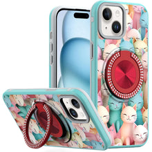For iPhone 15 Case Printed Design Magnetic Bling Ring Stand + 2 Tempered Glass