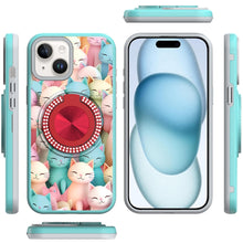 For iPhone 15 Case Printed Design Magnetic Bling Ring Stand + 2 Tempered Glass
